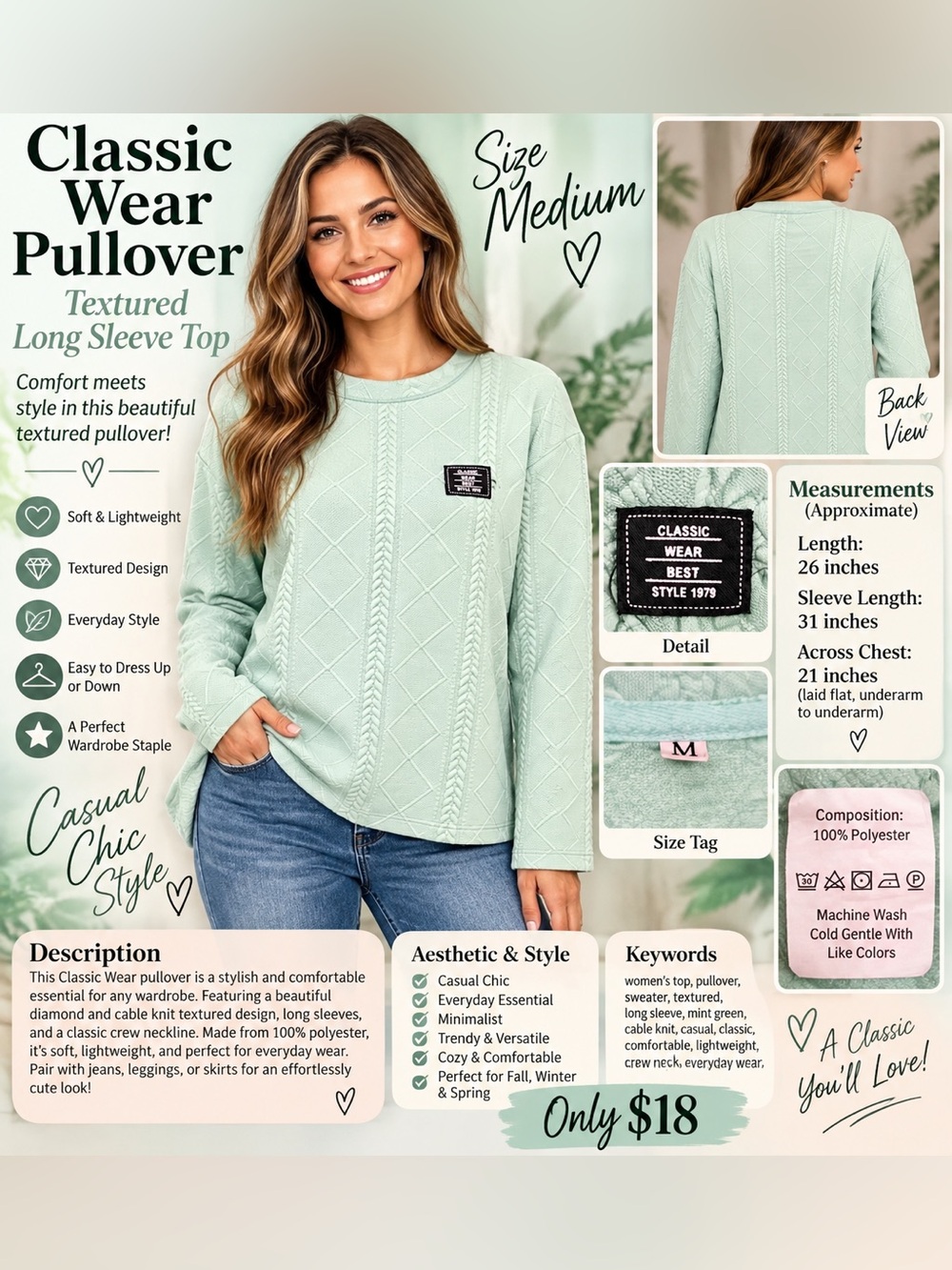 Women’s Crewneck Textured Knit Top - Mint